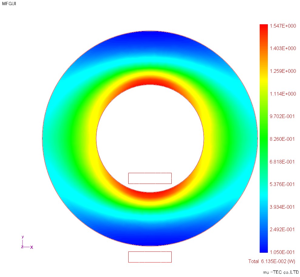鉄損分布（最大1.5W/kgで表示）（モデルで考慮した積層１枚の総鉄損値は0.135e-2(W)）